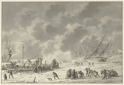 Lety Landzaten u Texelu, leden 1795 Odcházení Canonier Booten a Vlugt z Landzaaten v měsíci prosinci 1794 (název na předmětu) od Dirk Langendijk