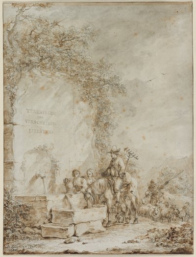 Frontispis pro album kreseb: Rolníci u fontány, 1784. od Dirk Langendyk