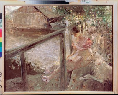 U lázní (Mladá žena se psem čte na dřevěné lávce, která překračuje potok a vede do dřevěného domu) - U lázní - Obraz Dmitrije Anfimoviče Ščerbinovského (1867-1926), olej na plátně od Dmitri Anfimovich Shcherbinovsky