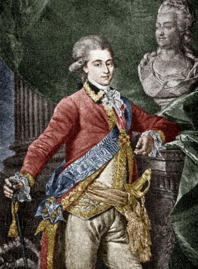 Alexandr Dmitrijevič Lanskoj (1758-1784) ruský voják, milenec Kateřiny II., rytina kolorovaného dokumentu od Dmitri Grigor