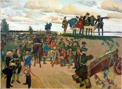 Založení petrohradské pevnosti Petrem I. Velikým (1672-1725) v 18. století. (Založení pevnosti St Petersburg). Dílo Dmitrije Nikolajeviče Kardovského (Kardovského) (1866-1943), litografie od Dmitri Nikolayevich Kardovsky