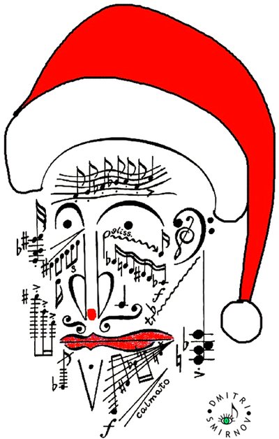 Hudební Santa - hlava Santa Clause - Otce Vánoc nakreslená pomocí notového zápisu a s červenou čepicí na hlavě od Dmitri Smirnov