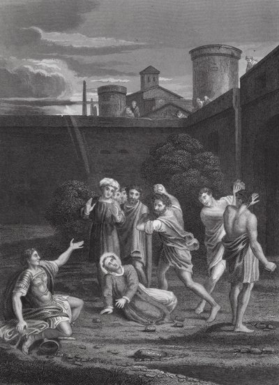 Ukamenování svatého Štěpána, Skutky, kap. VII, verš 54, 60 (rytina) od Domenichino (1581 1641) (after)