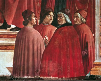 Příběhy Panny Marie: Zvěstování Zachariášovi, detail Cristofora Landina, Angela Poliziana a Marsilia Ficina, kolem 1485-90 (čerstvé) od Domenico Ghirlandaio
