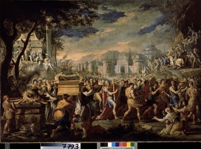 ""David nesoucí archu smlouvy do Jeruzaléma"" (Král David nesoucí archu smlouvy do Jeruzaléma) Převoz Svaté archy smlouvy do Jeruzaléma za doprovodu krále Davida hrajícího na žaltář. Obraz Domenica Gargiulo (1609-1675) od Domenico Gargiulo