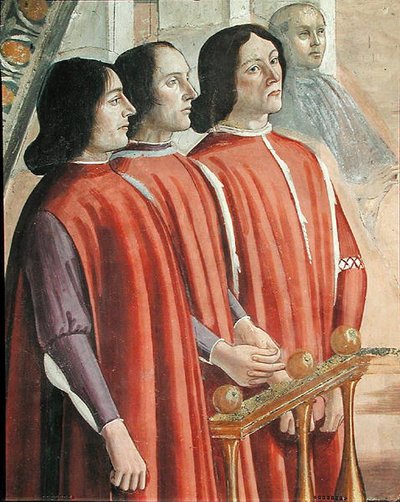 Členové rodiny Sassettiů, výjev z cyklu Život svatého Františka z Assisi, 1486 (detail 85235) od Domenico Ghirlandaio