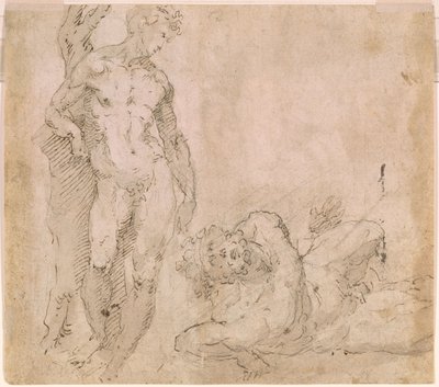 Beccafumi - Verso Mužský akt opřený o kmen stromu a ležící mužský akt se zakloněnou hlavou, asi 1530-1540 od Domenico Beccafumi