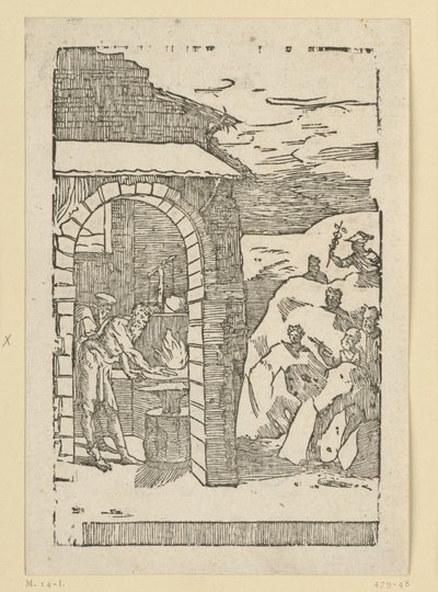 Volání kovů. Héfaistos (Vulcan) a učenec stojí u ohně v kovárně, zatímco venku ve skalách se skrývají bohové (jako zástupci kovů): Saturn (olovo), Jupiter (cín), Venuše (měď), Luna (stříbro), Merkur (rtuť od Domenico Beccafumi