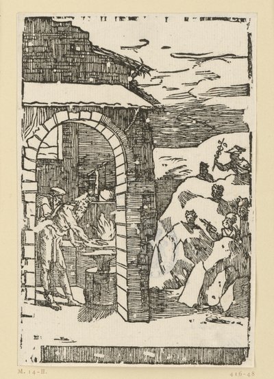 Volání kovů. Héfaistos (Vulcan) a učenec stojí u ohně v kovárně, zatímco venku ve skalách se skrývají bohové (jako zástupci kovů): Saturn (olovo), Jupiter (cín), Venuše (měď), Luna (stříbro), Merkur (rtuť od Domenico Beccafumi