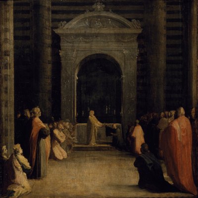 Obětování klíčů města Siena Panně Marii, v roce 1526 nebo později (olej na papíře na dřevěné desce) od Domenico Beccafumi