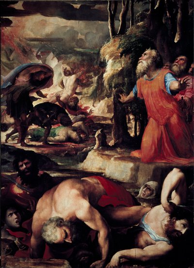 The Punishment of Core (Kore), Dathan (Datan, Nathan) a Aboron (Abiram) (Trest nebeského ohně, epizoda vzpoury Levitů proti Mojžíšovi a autoritě Zákona). Obraz Domenica Beccafumiho (1486-1551) od Domenico Beccafumi