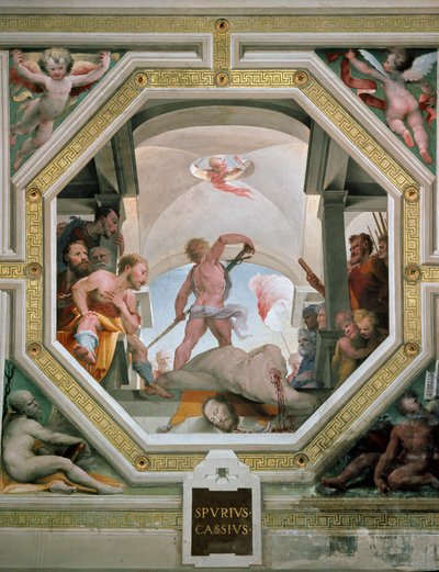 Dekapitace Spuria Cassia Vecellina nebo Viscellina popravená jeho otcem za to, že se v roce 485 př. n. l. zvažoval stát králem Freska od Domenica di Giacomo di Pace dit Beccafumi (1486-1551) 1529-1535 Siena (Siena), Palazzo Pubblico od Domenico Beccafumi