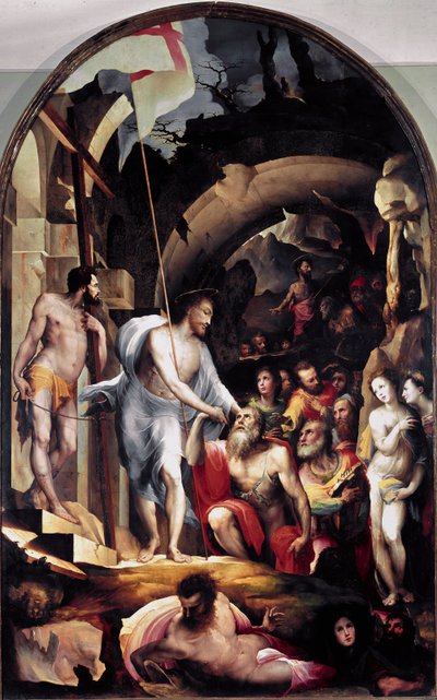Sestup Krista do limba. Drží bílý prapor udeřený červeným křížem, symbolem Vzkříšení. Obraz Domenica Beccafumiho (1486-1551) od Domenico Beccafumi