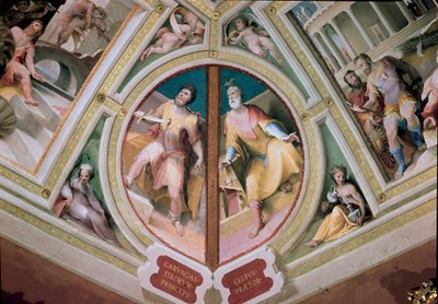 Řecký zákonodárce Charondas (7. století př. n. l.) vrážející meč do hrudi a „“Římský pretor Celius“““ Freska od Domenica Beccafumiho (1486-1551) od Domenico Beccafumi