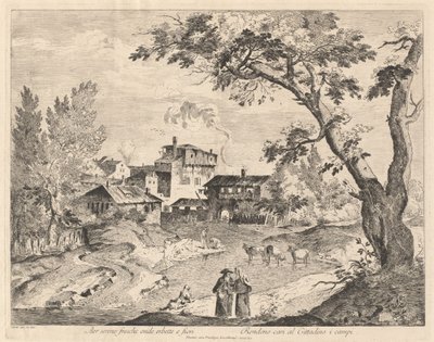 Rustikální vesnice podél řeky s cestovateli od Domenico Bernardo Zilotti