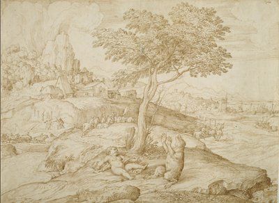 Přeměna Callistos v medvěda po porodu Arcas, kolem roku 1558 (pero a hnědý inkoust na krémovém papíře) od Domenico Campagnola
