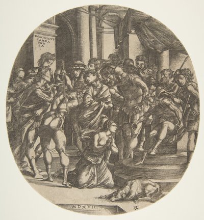Ženská postava Svatá Kateřina klečící na zemi uprostřed prosící mužskou postavu..., 1517. od Domenico Campagnola