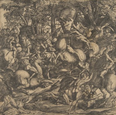 Skupina nahých mužů bojujících v zalesněné krajině, někteří na koni, pes v..., 1517. od Domenico Campagnola