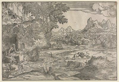 Krajina se svatým Jeronýmem a dvěma lvy, c. 1530-35. od Domenico Campagnola