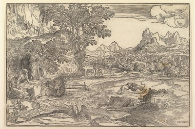 Krajina se svatým Jeronýmem vlevo při pohledu na boj lva a medvěda v centru..., ca. 1530-35. od Domenico Campagnola