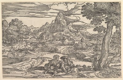 Krajina se ženou sedící vedle muže hrajícího na hurdisku, ca. 1540. od Domenico Campagnola