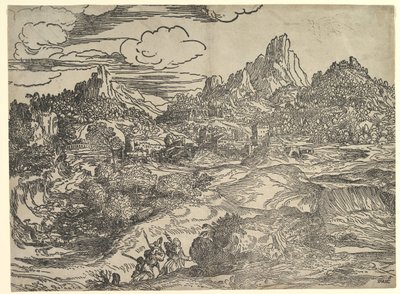 Krajina s rodinou kráčející spolu v popředí, vlevo dvě postavy s ..., ca. 1535-40. od Domenico Campagnola