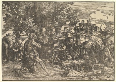 Marie sedící pod stromy s dítětem, po stranách Josefa zleva a sv. Jeronýma zprava, St..., 1517. od Domenico Campagnola