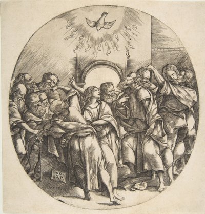 Duch svatý jako pták sestupující s roztaženými křídly nahoře uprostřed, dvanáct apoštolů ..., 1518. od Domenico Campagnola
