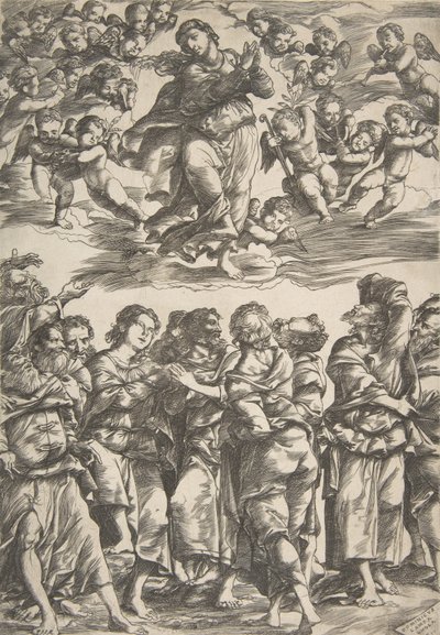 Panna nahoře uprostřed v oblacích se sepjatýma rukama a zdviženou pravou nohou, obklopená..., 1517. od Domenico Campagnola