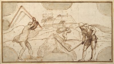 Dva rolníci mlácení (pero a hnědý inkoust s hnědým mytím na papíře) od Domenico Campagnola