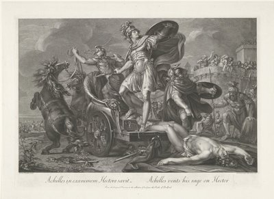 Achilles táhne Hectorovu mrtvolu za svým vozem Achilles in exanimem Hectora saevit / Achilles si vybíjí svůj vztek na Hectorovi (titul na předmětu) od Domenico Cunego