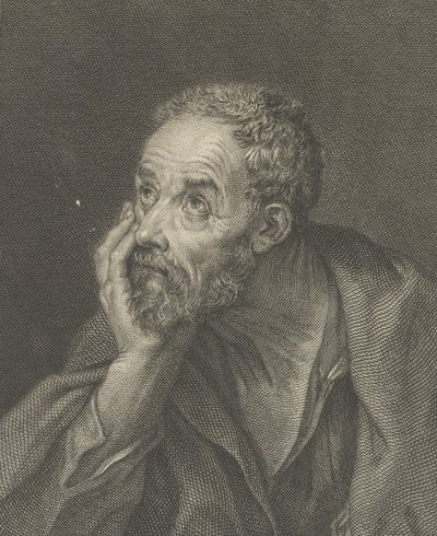 Starý vousatý muž opírající si hlavu o pravou ruku a hledící nahoru doleva, dozadu..., 1775. od Domenico Cunego