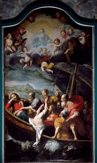 Svatý Mikuláš uklidňuje bouři. Obraz Domenica Fiasella dit il Sarzana (1589-1669) Sestri Ponente, Kostel Santa Maria dell