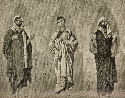 Svatí Bartoloměj, Jakub Menší a Filip, karikatury Domenica Morelliho pro mozaiku v katedrále Amalfi, Itálie, kresba P Scoppetta, rytina z L