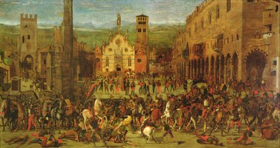 Vyhnání Bonacolsi Louisem Gonzagou v roce 1328 na náměstí Piazza Sordello v Mantově od Domenico Morone