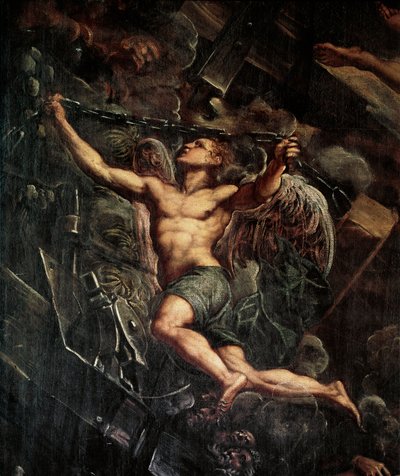 Sestup Ježíše Krista (Ježíše Krista) do limba Detail anděla. Obraz od Jacopa Robustiho detto il Tintoretto (Tintoret od Domenico Robusti Tintoretto