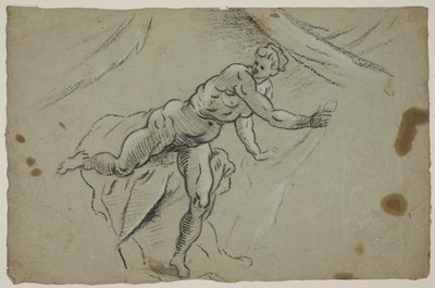 Nahá žena s kusem látky v rukou spěšně opouští stan od Domenico Tintoretto