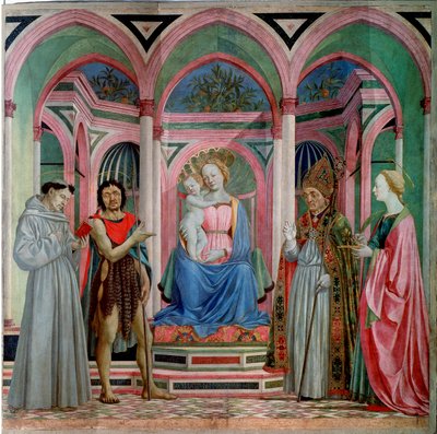 Oltářní obraz Santa Lucia dei Magnoli: Madona s dítětem se svatou Lucií, svatý Francois, Jan Křtitel a svatý Zanobi (Zenobie) Detrempe na dřevě od Domenica Veneziana (Domenico di Bartolomeo) (začátek 15. století-1461) 1455 cca. Slunce. 209x213 c od Domenico Veneziano