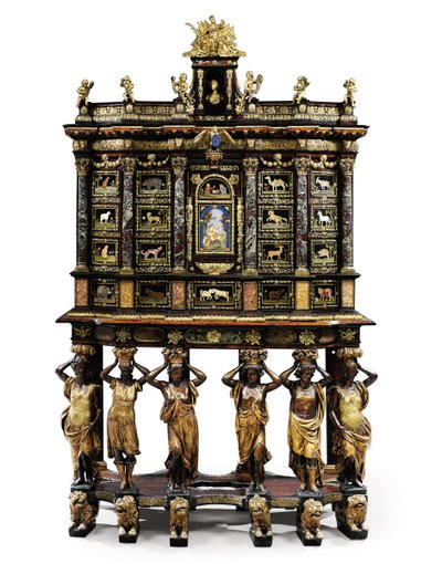 Skříň na stojanu Ludvíka XIV. (pozlacený bronz, pietra dura, želvovina, jasan, ebonizované a pozlacené) (viz také 1766356-7) od Domenico and Gobelins workshop (attr. to) Cucci