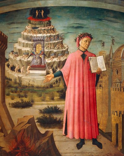 Dante Alighieri s Božskou komedií v ruce a horami očistce v pozadí, detail z Božské komedie, od Dante Alighieriho (1265-1321), od Domenica di Michelino (1417-1491), freska, Bazilika Svaté Marie Květinové, Florencie. Itálie, 1465 od Domenico di Michelino