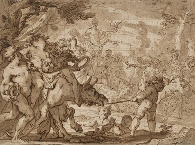 The Triumph of Bacchus, c.1642-1703 (pero a hnědý inkoust a omývání červenou křídou na položený papír) od Domenico the Elder Piola