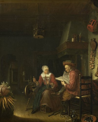 Interiér s mužem, který čte a ženou spřádající přízi od Domenicus van Tol