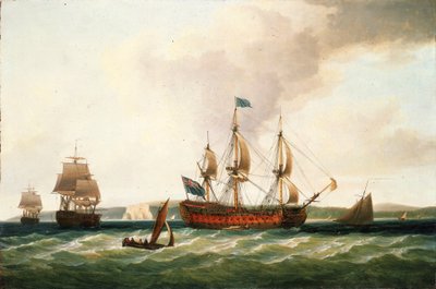 "Saint George", loď první třídy se 100 děly, postavená v roce 1756 v loděnicích ve Woolwichi (Anglie), byla velitelskou lodí flotily během námořní bitvy v Quiberonské zátoce neboli bitvy u Kardinálů v roce 1759. od Dominic Serres