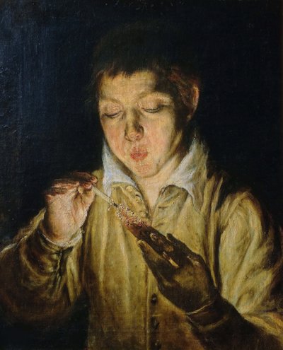 The Snitch Boy Blowing on a Taper, asi 1571-1572. od Dominico El Greco