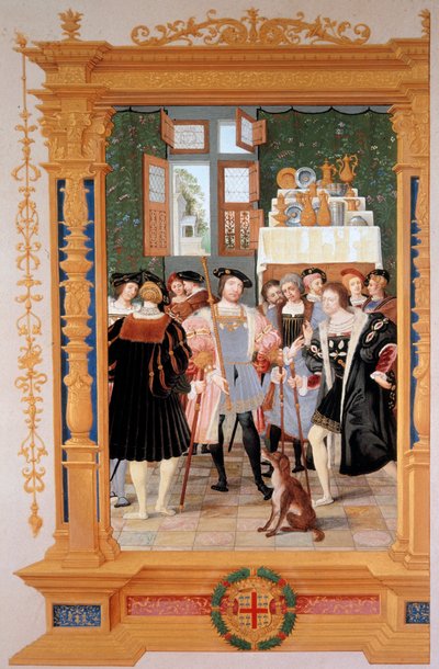 Etienne Leblanc (1490-1565) předkládá Anně de Montmorency (1493-1567) svůj překlad řeči Cicerona (1531) - Kopie frontispice dochované v Petrohradu (Rusko), kvaš od Dominique Henri Guifarda (1838-1913) , konec 19. století - C od Dominique Henri Guifard