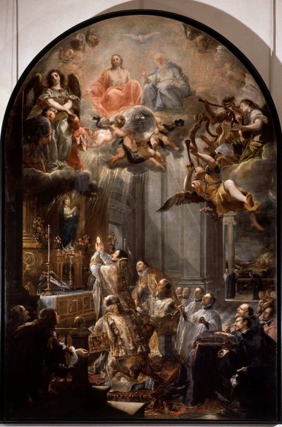 Zakládající mše Řádu Nejsvětější Trojice Řeholní Řád Nejsvětější Trojice (neboli Nejsvětější Trojice) byl založen Janem z Mathy (1154-1213). Obraz Juan Carreno de Miranda (1614-1683) Sun. 5x3,1m od Don Juan Carreno de Miranda