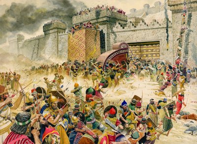 Samaří, pevnostní město Izraele, padlé do rukou Asyřanů (kvaš na papíře) od Don Lawrence