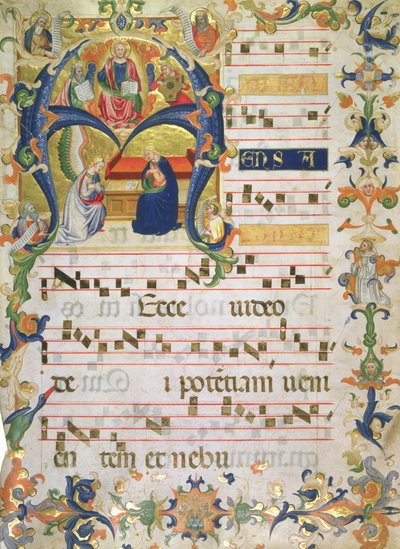 Frontispis sborové knihy z kláštera Montoliveto, kolem roku 1390 (inkoustový kvaš a zlato na pergamenu) od Don Simone Camaldolese