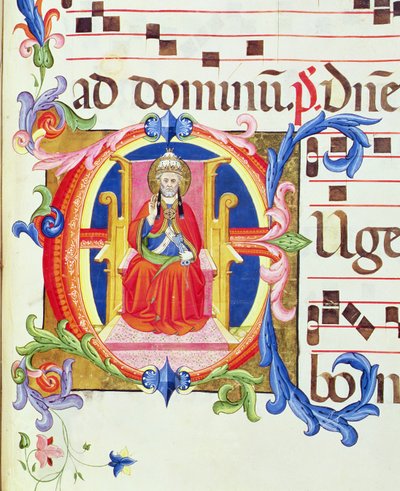 Ms 572 f.125r Historická iniciála „E“ zobrazující svatého Petra jako prvního římského biskupa z antifony ze Santa Maria del Carmine od Don Simone Camaldolese