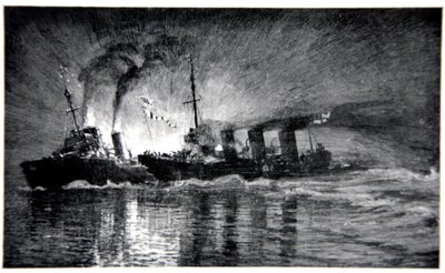 HMS Broke narážení do německého torpédoborce, ilustrace z 